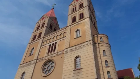 Qingdao St Michael Cathedral Gothic Facade Handheld Slow Tilt Down Stockbeeldmateriaal 347995433