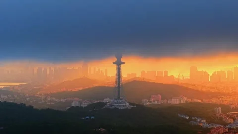 Qingdao TV Tower at Dramatic Sunset Cityscape Stock Footage 330731380