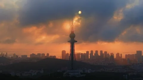 Qingdao TV Tower at Dramatic Sunset with City Skyline Stock Footage 330731410