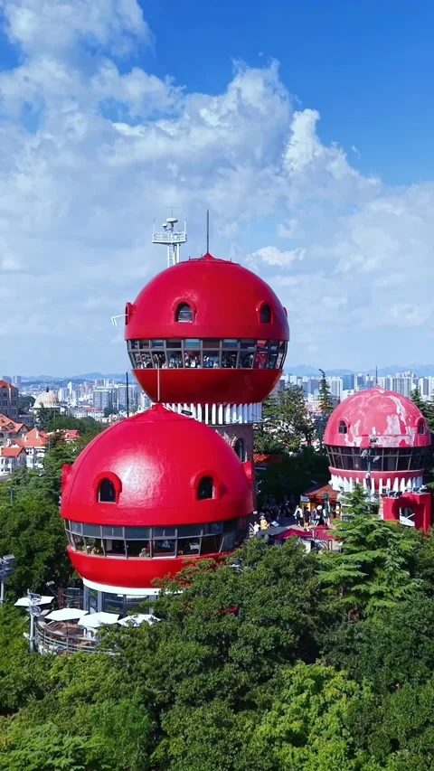 Qingdao's Iconic Red Spherical Buildings on Signal Hill Stock Footage 330877898