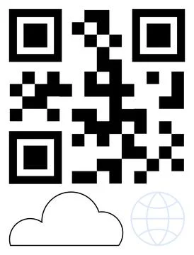 QR code above a cloud and globe outline. Ideal for technology, data managemen 스톡 일러스트