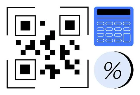 QR code alongside a blue calculator and percentage symbol. Ideal for finance, Stockillustratie