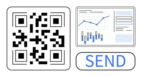 QR code alongside a digital dashboard displaying charts and graphs, and a Sen Stock Illustration