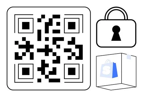 QR code alongside a padlock and shopping bag encapsulates secure online shopp Stockillustratie