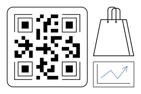 QR code alongside a shopping bag and a rising sales graph. Ideal for e-commer Stock-Illustration