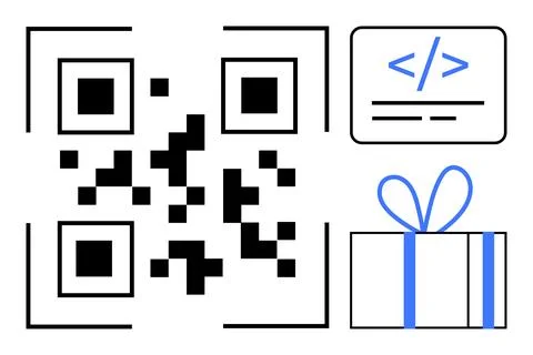 QR code alongside a web development tag and a gift box wrapped with a blue ri Stock Illustration