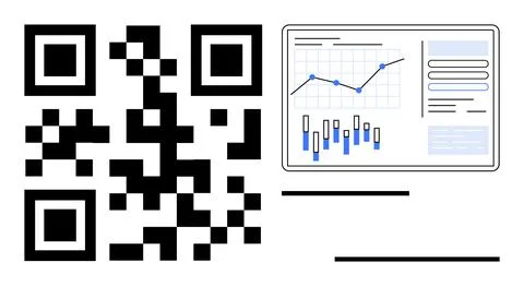 QR Code with Analytics Dashboard Showing Graphs and Charts for Data Analysis Stock Illustration