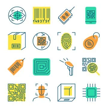 Qr code and barcode icon set in colored line style Stock Illustration
