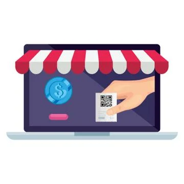 Qr code and coin inside laptop vector design Stock Illustration