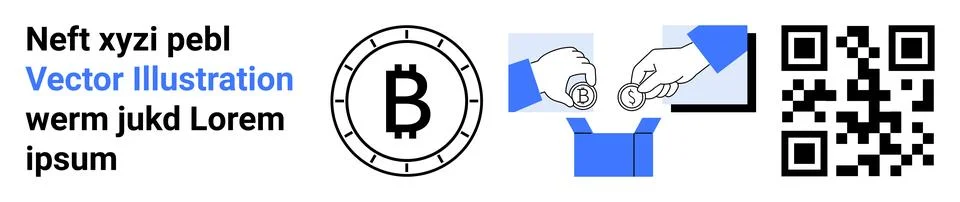 QR Code and Cryptocurrency Exchange Theme with Bitcoin Symbol and Hand Gestur Illustrazione stock