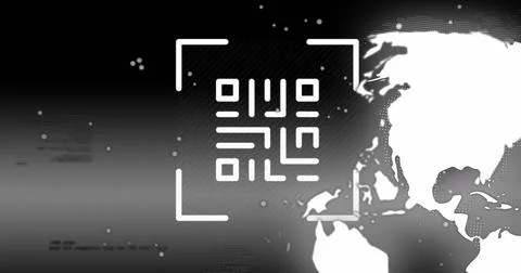 Qr code and data processing over spinning globe against black background Stock Photos