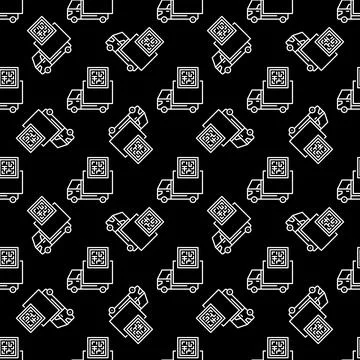 QR Code and Delivery Truck vector line dark seamless pattern Illustrazione stock