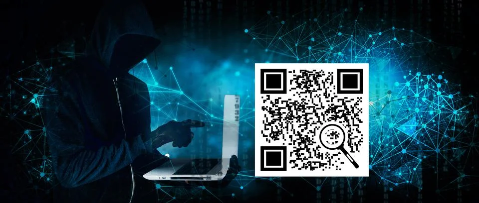 QR code and hacker with laptop Stock Photos