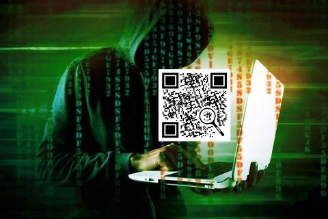 QR code and hacker with laptop Stock Photos