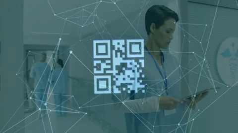 QR code and network connections animation over healthcare professionals in Stock Footage 329775748