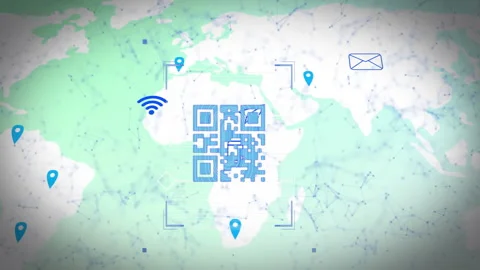 QR code and network icons animation over world map with connectivity lines Stock Footage 305292699