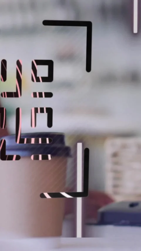 QR code animation over coffee cup and payment terminal on counter Stock Footage 344370346