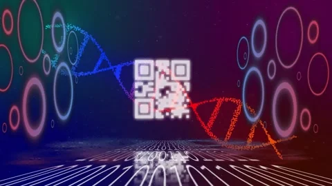QR code appearing, blue and red strands forming and weaving, rings pulsing, Stock Footage 333817355