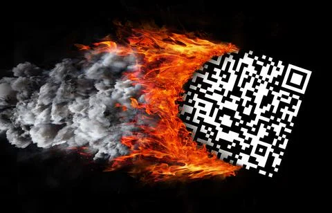 QR code barcode burning, on black Foto stock