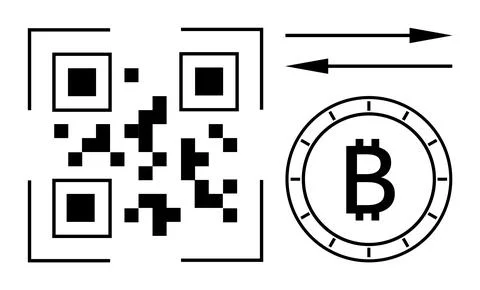 QR code beside Bitcoin symbol with arrows indicating data transfer. Ideal for Stock Illustration