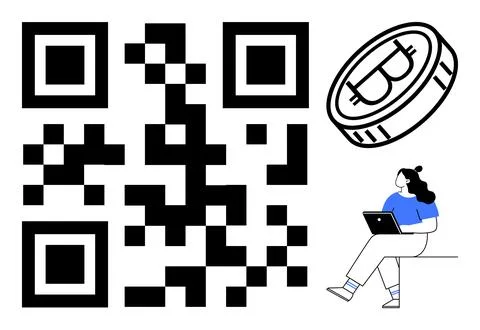 QR Code with Bitcoin Symbol and Person Using Laptop in Blue Top and White Pan Stock-Illustration