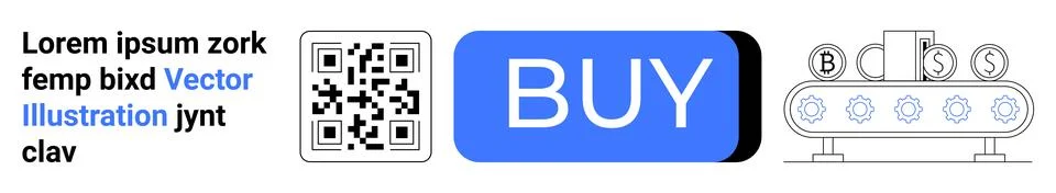 QR code, blue buy button, conveyor belt with money symbols. Ideal for e-comme Illustrazione stock