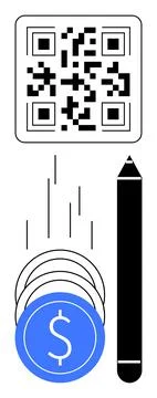 QR Code with Blue Dollar Coins and Pen for Mobile Payments and Digital Illustrazione stock