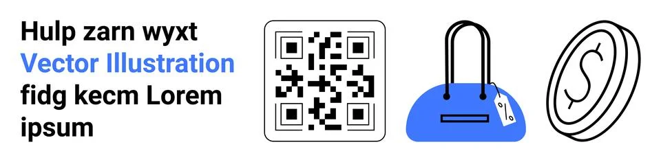 QR code, blue handbag with price tag, and coin with dollar sign promote digit Stock Illustration