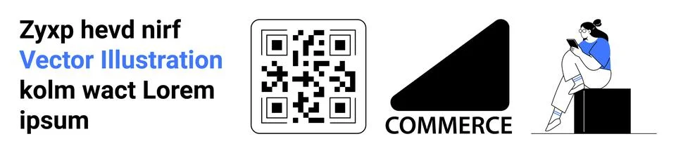 QR Code with Bold Commerce Icon and Person Reading on Phone with Minimal Text Stock-Illustration