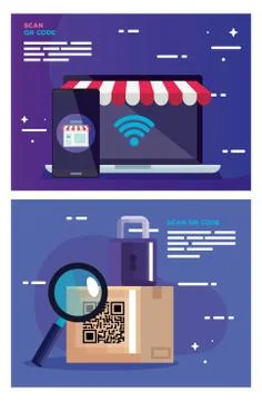 Qr code box padlock lupe smartphone and laptop vector design Illustrazione stock