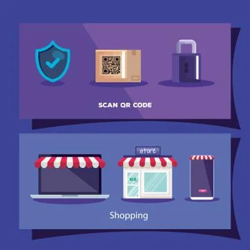 Qr code box shield padlock laptop store and smartphone vector design Stock-Illustration