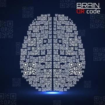 QR code brain. Silhouette human brain with qr code. Technology concept. Vecto Stock Illustration