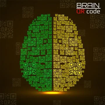 QR code brain. Silhouette human brain with qr code. Technology concept. Vector Stockillustratie