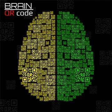 QR code brain. Silhouette human brain with qr code. Technology concept. Vecto Stock Illustration