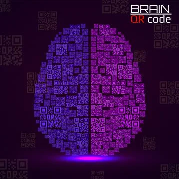 QR code brain. Silhouette human brain with qr code. Technology concept. Vecto Illustrazione stock