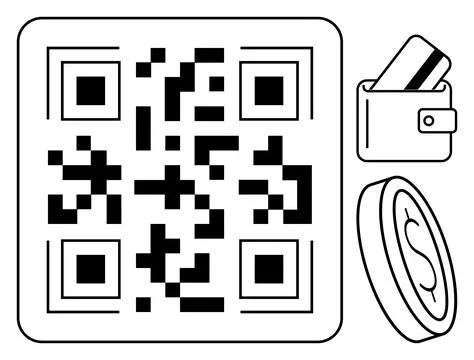 QR code in center, wallet with card and coin symbols to the side. Ideal for o Stock Illustration