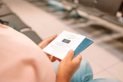 Qr code, check in and man with a phone for a ticket, airplane booking and Stock Photos
