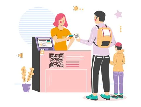 Qr code check-in, scanning at cinema entrance, vector illustration. Contactless 스톡 일러스트