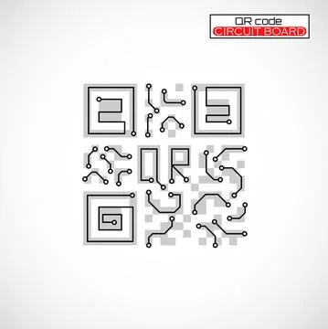 Qr code with Circuit board logo. Technology code, barcode identification. Vector Stock Illustration