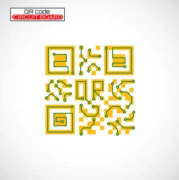 Qr code with Circuit board logo. Technology code, barcode identification. Vector Stock Illustration