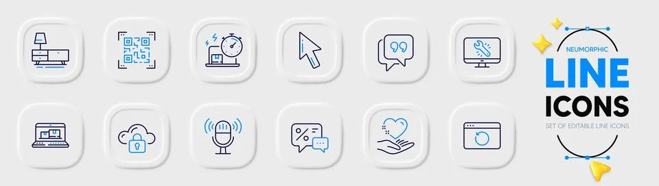 Qr code, Cloud protection and Monitor repair line icons for web app. Pictogram Illustrazione stock