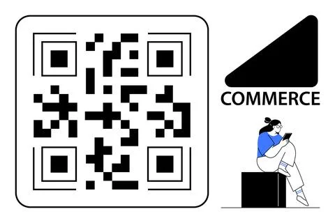 QR Code for Commerce with Person Using Tablet in Blue Sweater and Commerce Te Stock Illustration