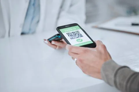 Qr code, contactless payment and hands with phone or customer at pharmacy POS to Stock Photos