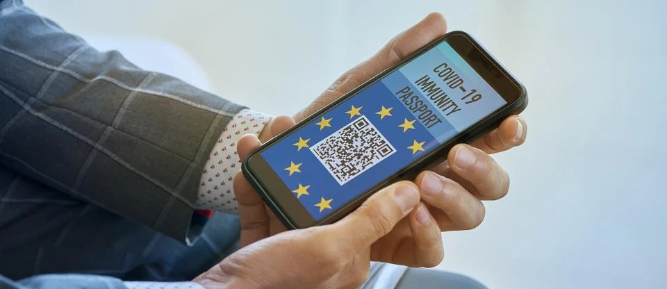 QR code covid-19 immunity passport, web banner Stock Photos