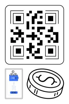 QR code, cryptocurrency coin, and smartphone displaying payment app with send Stock Illustration