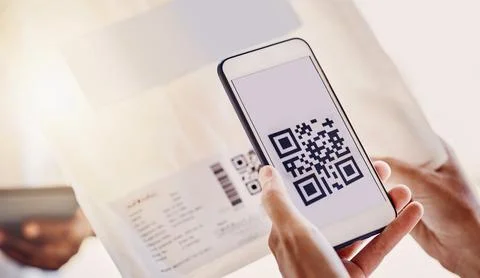 QR code, delivery and phone screen for payment, package distribution and invoice Stock Photos