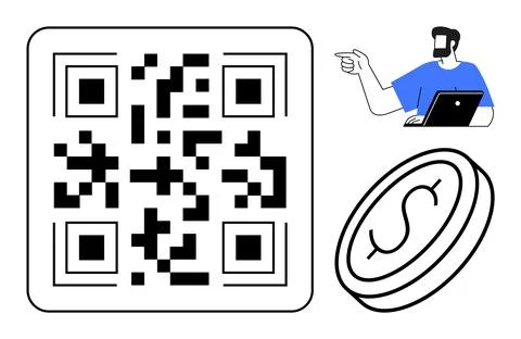 QR Code with Digital Payment Concept Coin Icon and Person with Tablet Stockillustratie