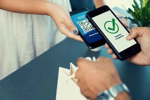 QR code is displayed on screen for cashless payment scanning. Fervent Foto stock