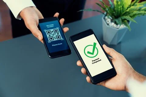 QR code is displayed on screen for cashless payment scanning. Fervent 写真素材