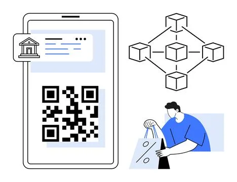 QR code displayed on smartphone with banking app and blockchain diagram. Man  Stock Illustration